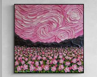 ピンクの星空の花畑の油絵：ゴッホ風のインパストアート - Etsy 日本