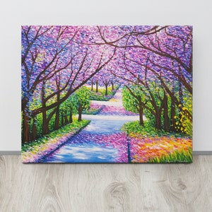 Jacaranda Tree Path Canvas Art Print | Cozy Purple & Pink Landscape Painting | Stretched Wall Decor Gift for Her | Cottage Home Aesthetic