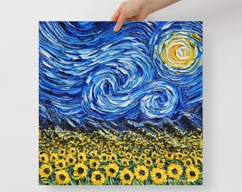 Blue Starry Night Sunflower Field Art Print: Van Gogh Inspired Giclée Poster