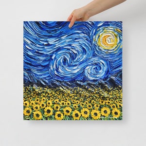 Blaue Sternennacht Sonnenblumenfeld Kunstdruck, Van Gogh inspiriertes Poster, großes Wandbild, impressionistisches Wanddekor Geschenk für Kunstliebhaber