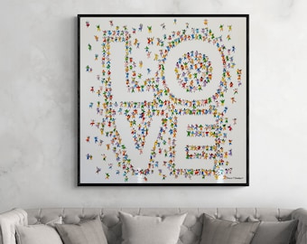 LOVE oil painting aerial view of little people dancing in shape of word LOVE, canvas wall art impasto 3D textured palette knife oil painting
