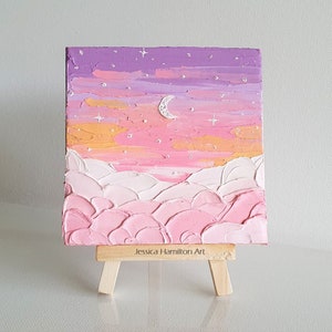 Pink Clouds Painting, Crescent Moon oil painting, cute canvas wall art 3D textured oil impasto palette knife artwork pink pastel art gift