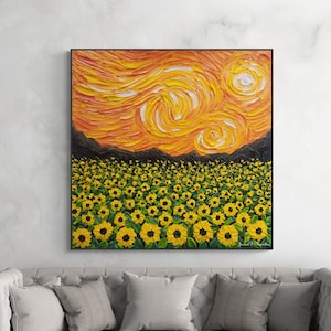 Original painting Starry Sunflower Field textured canvas wall art landscape oil impasto palette knife artwork inspired by Van Gogh