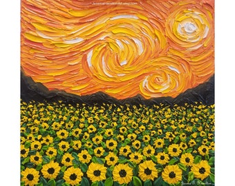Original painting Starry Sunflower Field textured canvas wall art landscape oil impasto palette knife artwork inspired by Van Gogh