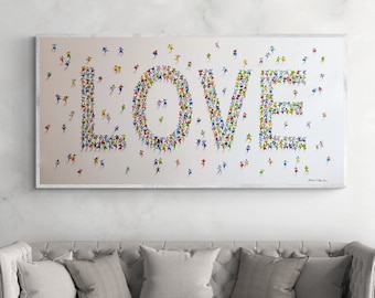 LOVE oil painting, white minimalist art with rainbow colors of people dancing in love, textured palette knife canvas wall art modern decor