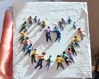 Mini Love Heart oil painting, people dancing from aerial view, colorful snow skiers canvas wall art, ice skating texture palette knife art