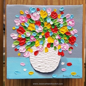 Colorful Happy Flowers oil painting 3D textured Original Impasto Palette Knife Canvas Wall Art Cute Decor Rainbow Spring Flower Gift for Her