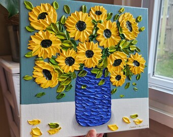 3D Sunflower oil painting original textured impasto palette knife painting yellow flower wall art floral decor mothers day gift for her