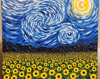 Starry Sunflower Field, blue sky original oil painting 3D textured canvas palette knife impasto wall art inspired by Van Gogh Starry Night