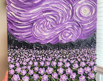 Original painting Purple Starry Flower Field 3D texture canvas wall art impasto palette knife oil painting inspired by Van Gogh Starry Night