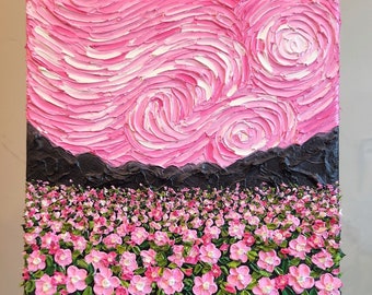 Oil painting Pink Starry Flower Field, inspired by Van Gogh's Starry Night, original handmade impasto palette knife wall art on canvas, gift