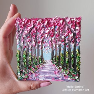 Spring Forest Oil Painting Pink Tree Path Landscape Original Impasto Palette Knife Texture on Canvas Wall Art Decor Gift for Nature Lovers image 1