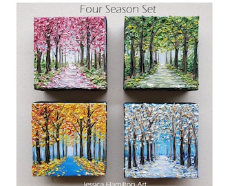 Set of Four Seasons oil paintings on canvas wall art, colorful 3D impasto texture palette knife trees forest gift for nature lovers decor