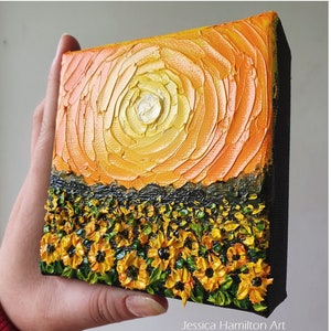 Sunflower Field Oil Painting on Canvas Wall Art Impasto Palette Knife Painting Yellow Sunset Landscape Van Gogh Inspired Art Decor Gift