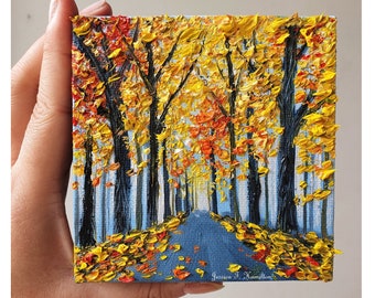 Fall Forest Oil Painting Autumn Tree Path Landscape Original Impasto Palette Knife Texture on Canvas Wall Art Decor Gift for Nature Lovers