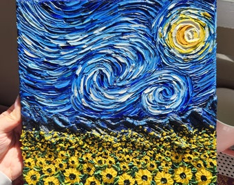 Starry Sunflower Field, blue sky original oil painting 3D textured canvas palette knife impasto wall art inspired by Van Gogh Starry Night