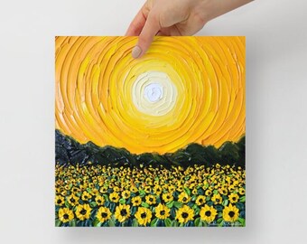 Sunflower Field, 8x8 oil painting ready to ship, sunset landscape oil painting impasto textured palette knife original canvas wall art