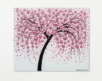 Pink Metallic Cherry Blossom Painting on white canvas,flower tree 3D textured acrylic wall art, impasto palette knife painting, floral decor