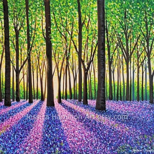 Original painting A Morning Walk Through bluebells canvas wall art beautiful landscape home decor gift purple forest flowers acrylic artwork