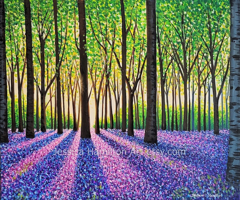 Original painting A Morning Walk Through bluebells canvas wall art beautiful landscape home decor gift purple forest flowers acrylic artwork image 1