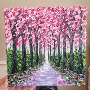 Spring Forest Oil Painting Pink Tree Path Landscape Original Impasto Palette Knife Texture on Canvas Wall Art Decor Gift for Nature Lovers image 2