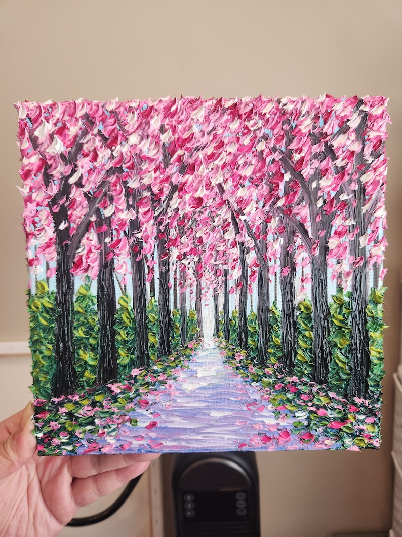 Spring Forest Oil Painting Pink Tree Path Landscape Original Impasto Palette Knife Texture on Canvas Wall Art Decor Gift for Nature Lovers image 2