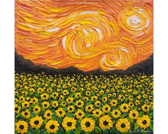 Original Painting Starry Sunflower Field Textured Canvas Wall Art