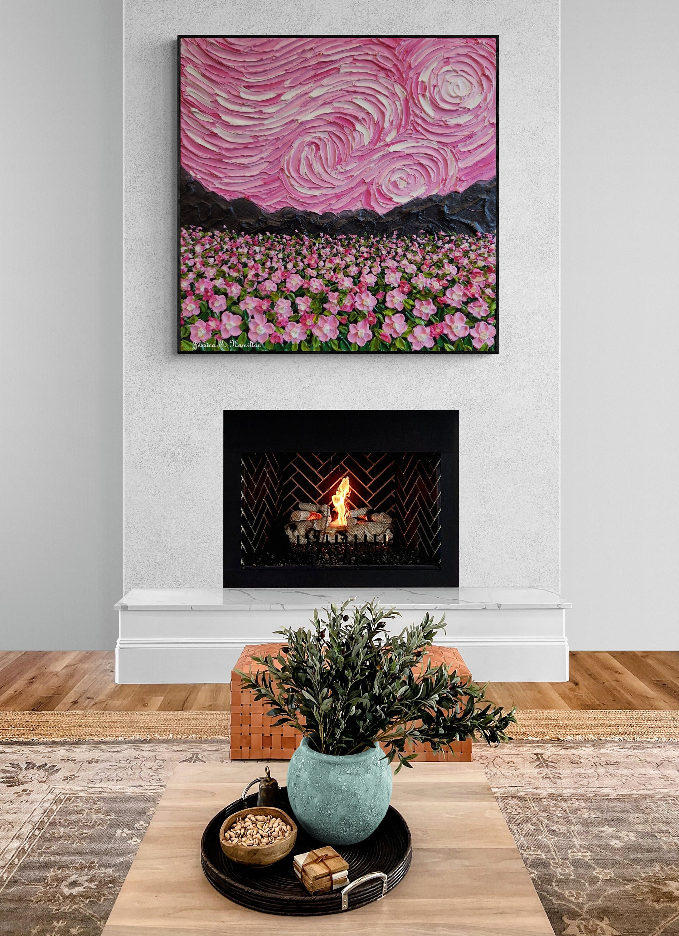 ピンクの星空の花畑の油絵：ゴッホ風のインパストアート - Etsy 日本