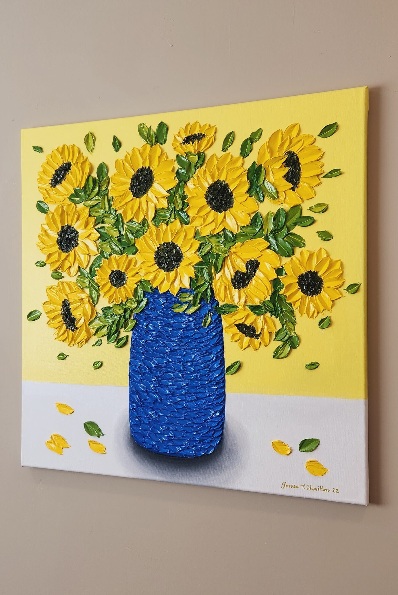 Textured Sunflower Oil Painting: Impasto Floral Art in Blue Vase - Etsy