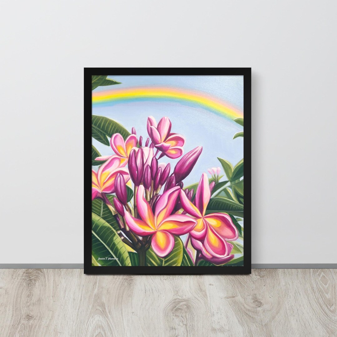 Framed Frangipani Flower Poster Art Print, Hawaiian Tropical Pink