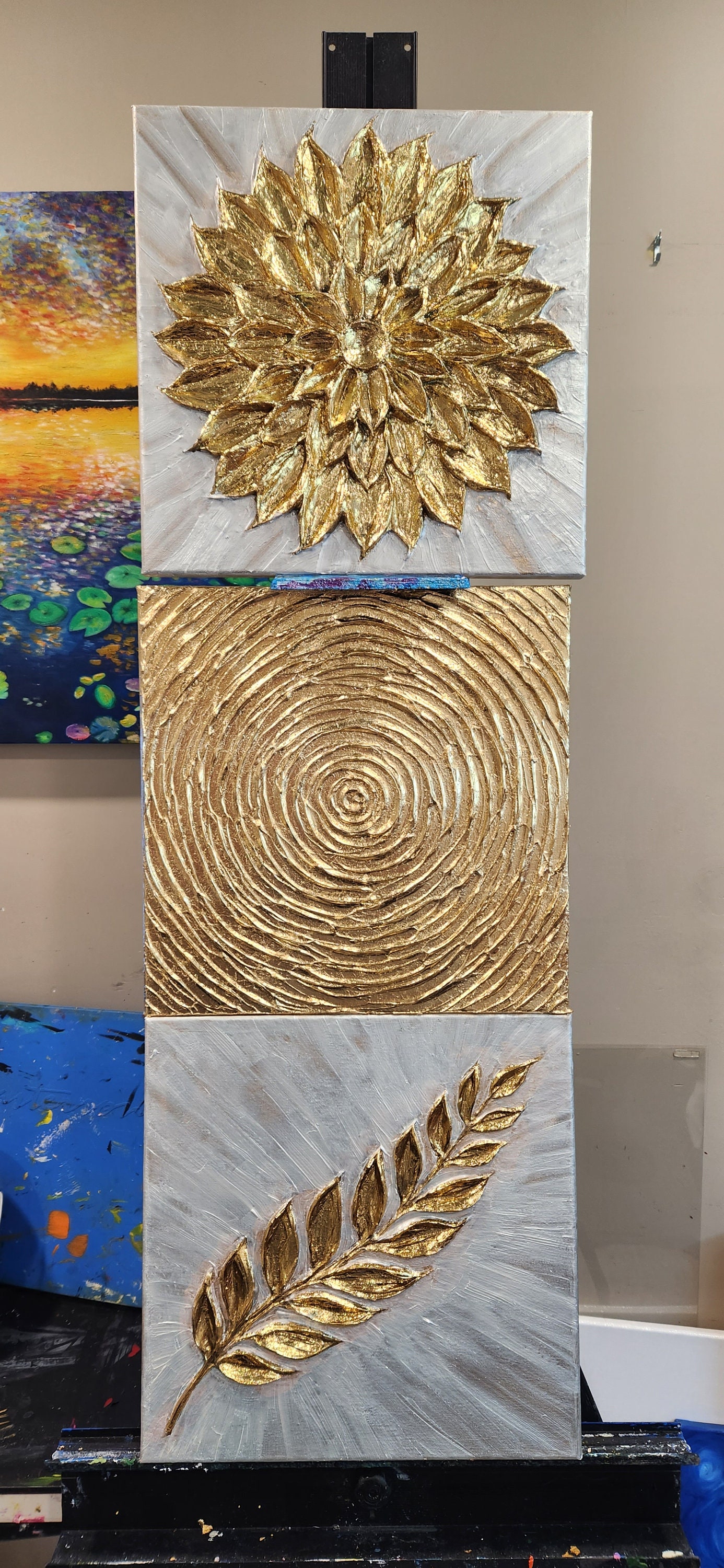 3 Piece Original Paintings Gold Leaf Nature Set 3D Textured