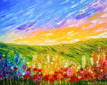 Original painting Field of Flowers colorful canvas wall art landscape floral abstract impasto 3D textured palette knife Spring oil painting