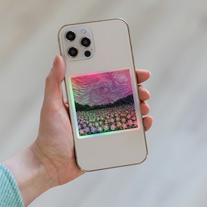 Adesivo Holográfico Rosa Estrelado | Arte em Vinil Psicodélico | Paisagem de Flores Inspirada em Van Gogh | Presente Bonito para o Caderno e Telefone dela