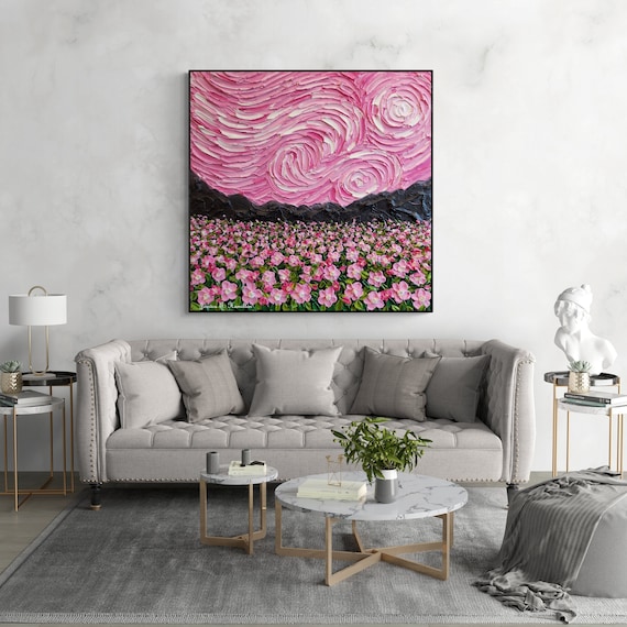 Pink Starry Flower Field Oil Painting: Van Gogh Style Impasto Art