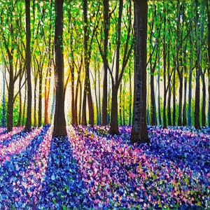 Original painting A Morning Walk Through bluebells canvas wall art beautiful landscape home decor gift purple forest flowers acrylic artwork image 2