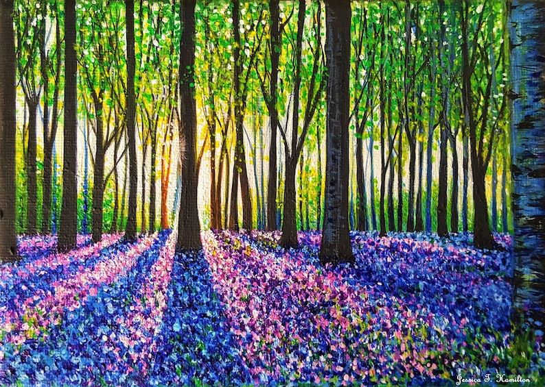 Original painting A Morning Walk Through bluebells canvas wall art beautiful landscape home decor gift purple forest flowers acrylic artwork image 2