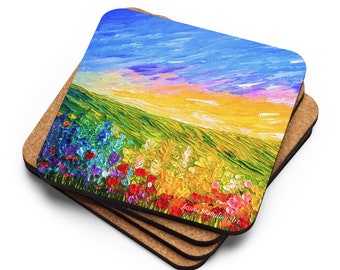 Field of Flowers drink coaster with  printed oil painting art, waterproof heat-resistant non-slip Tabletop Protection for Home Kitchen Decor