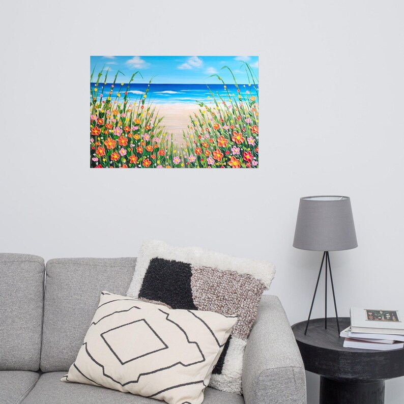 Ocean Seascape Art Print, Orange Flowers by the Beach, Coastal Wall Art