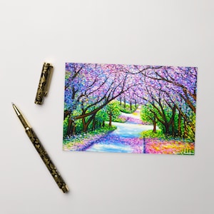 Alberi di Jacaranda Art Postcard 2 / Mini stampa artistica 4" x 6" per appunti / Biglietto di auguri con paesaggio di alberi viola / Biglietto di ringraziamento vuoto per gli amici