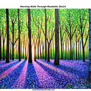 Original painting A Morning Walk Through bluebells canvas wall art beautiful landscape home decor gift purple forest flowers acrylic artwork image 6
