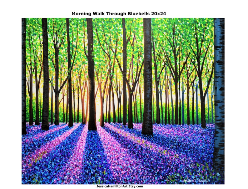 Original painting A Morning Walk Through bluebells canvas wall art beautiful landscape home decor gift purple forest flowers acrylic artwork image 6