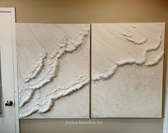 Set of Two Beach Ocean Waves Painting, Textured Plaster 3D Waves on Canvas, large minimalist white beige art, Large Modern decor Gift