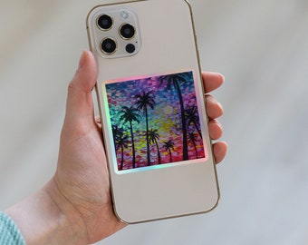 Holographic Sunset Sticker, Psychedelic Rainbow Palms, Van Gogh Style Colorful 3D Art Decal, Tropical trees art sticker for phone, cute gift