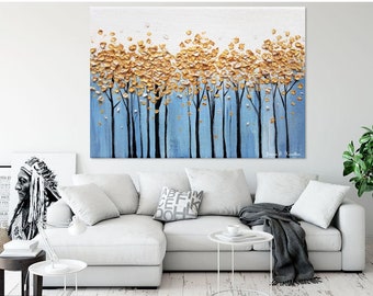 Original oil painting Golden Forest abstract impasto 3D textured palette knife painting gold leaf painting modern classy minimalist decor