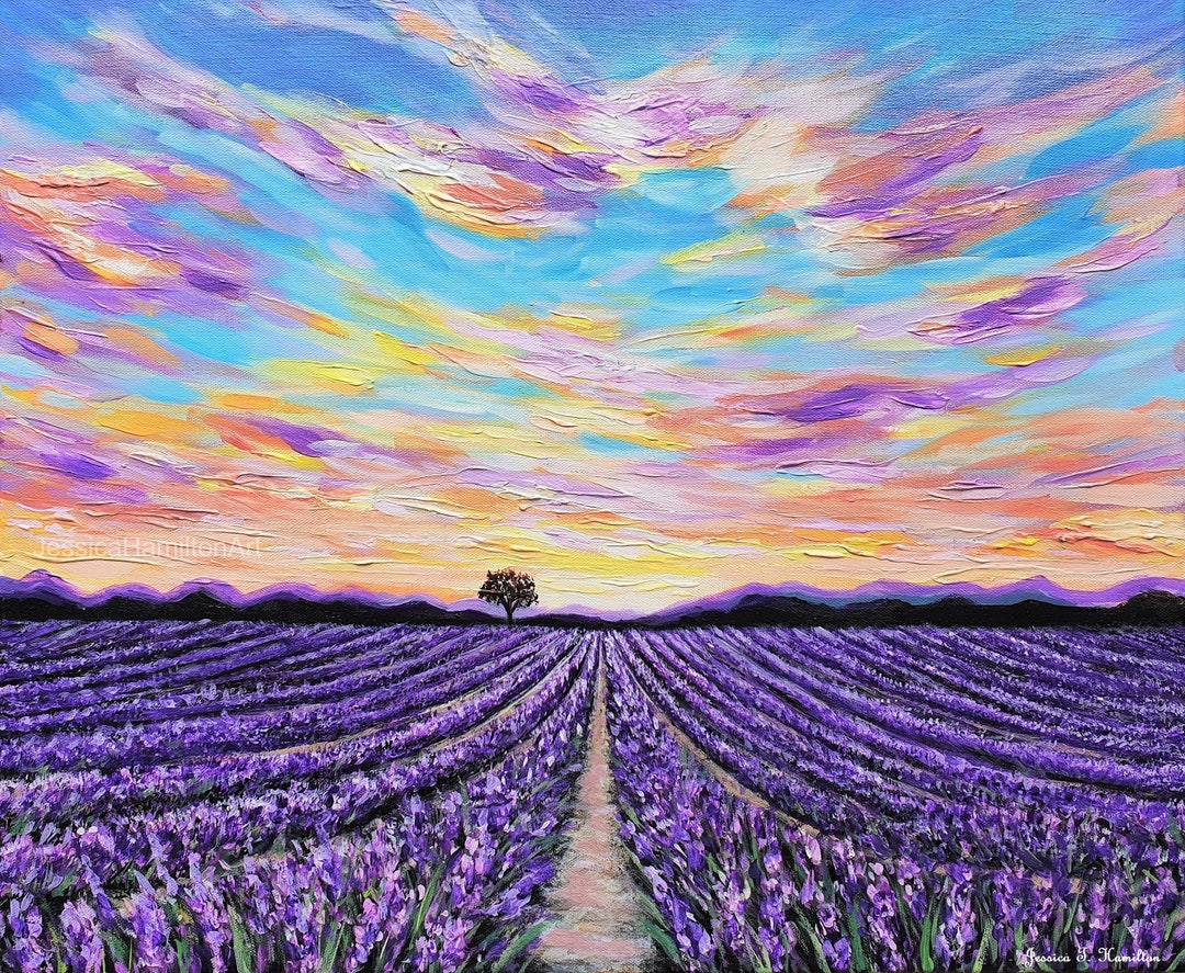Original Painting, Lavender Field, Canvas Wall Art, Sunset Purple ...