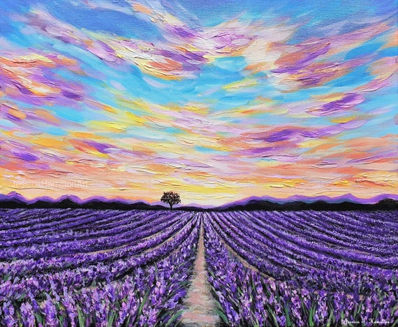 Lavender Field Sunset Painting: Handmade Canvas Wall Art - Etsy Norway