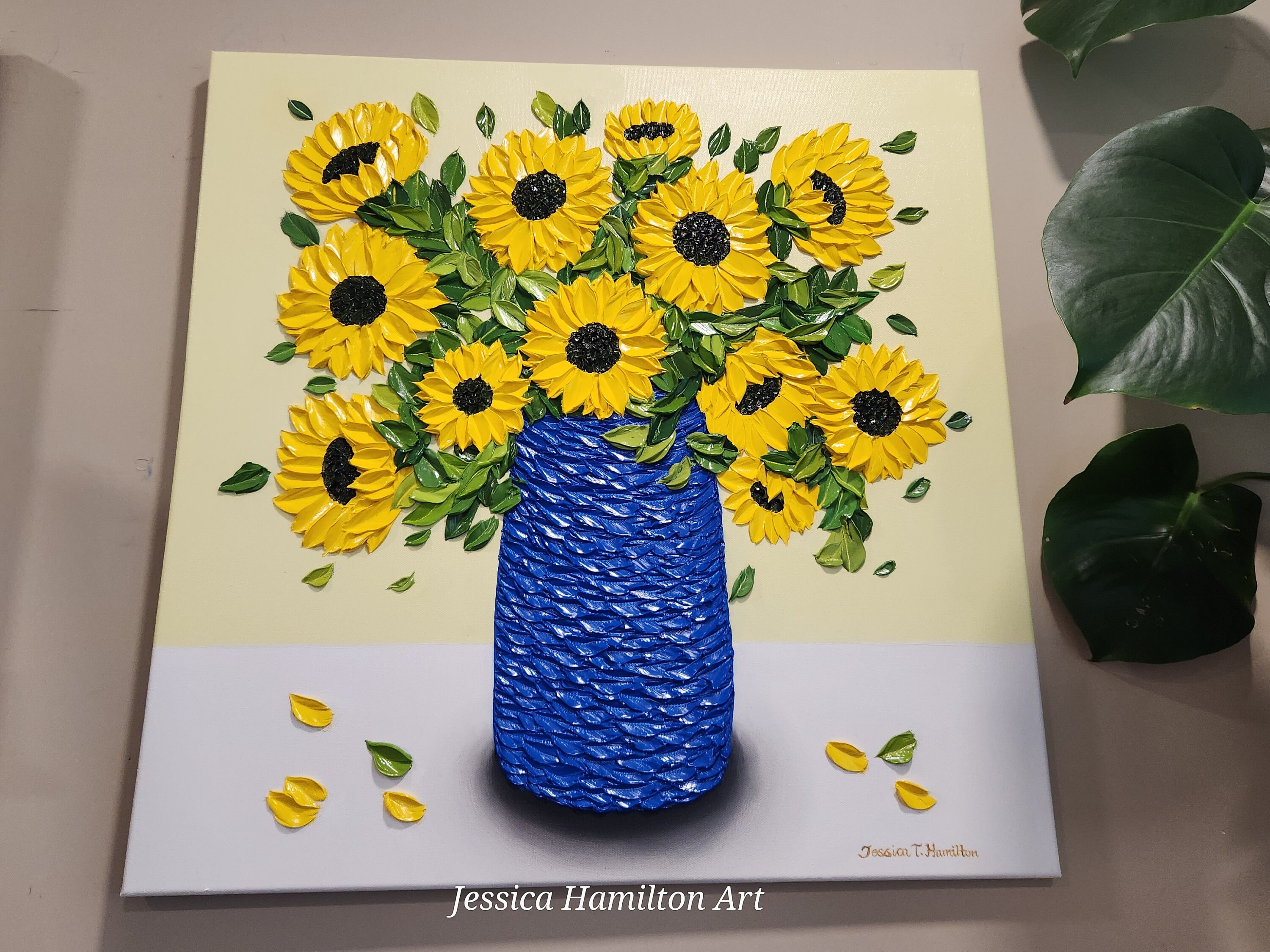 Textured Sunflower Oil Painting: Impasto Floral Art in Blue Vase - Etsy