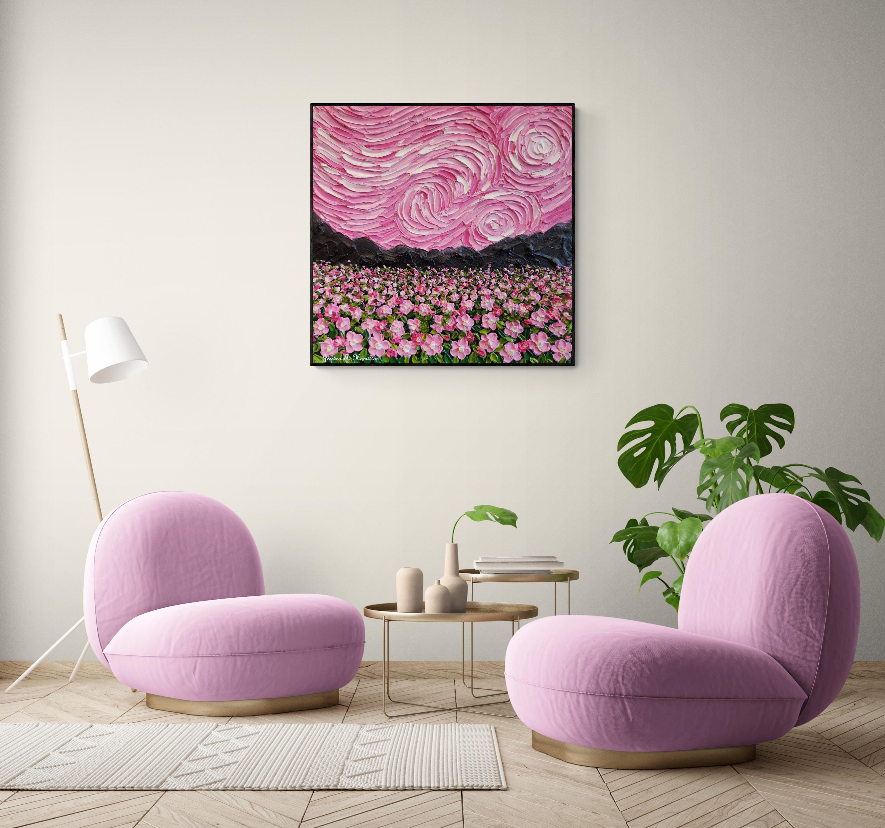 ピンクの星空の花畑の油絵：ゴッホ風のインパストアート - Etsy 日本