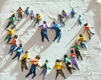 Iceskating in a Love Heart, Original oil painting aerial view of people dancing skating in the snow, textured palette knife canvas wall art