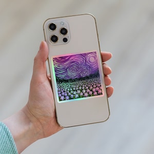 holographique violet nuit étoilée | Art psychédélique en vinyle | Paysage floral inspiré de Van Gogh | Cadeau mignon pour son ordinateur portable et son téléphone